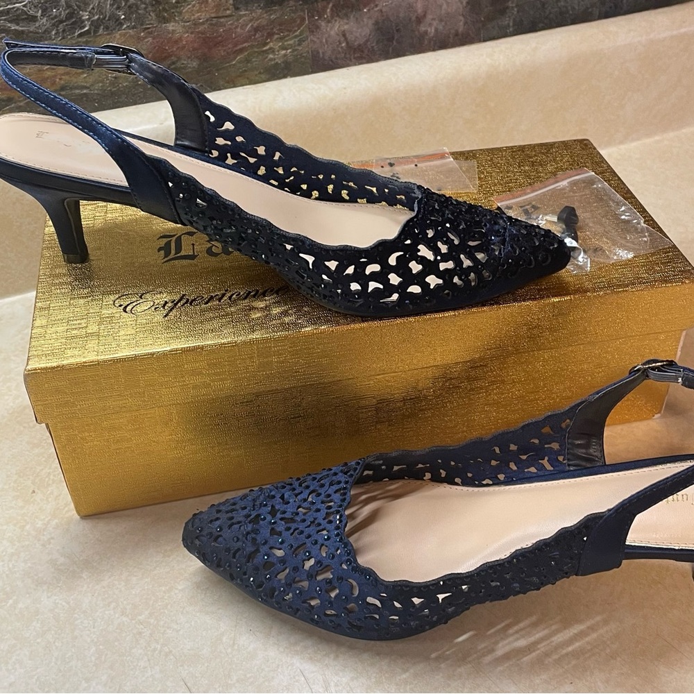 Lady Couture Dressy Sling Back low heel shoes with rhinestones in Navy